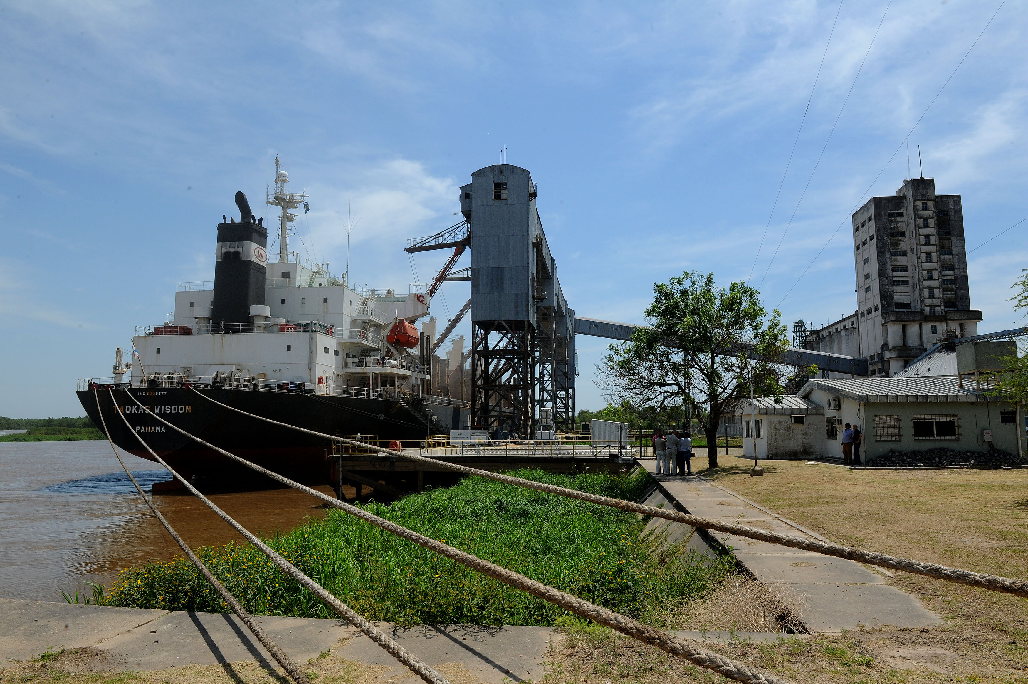 El buque Handymax carga 20.000 toneladas de trigo con destino a Brasil en la terminal privada en el puerto de Diamante.